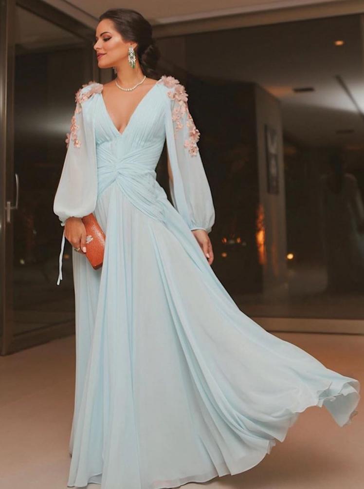 Elegant Light Blue Long Puffy Sleeves Evening Dresses Chiffon Prom
