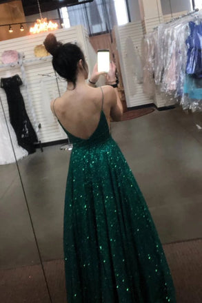 Sparkly Dark Green Backless Prom Dresses Sequins Evening Dress