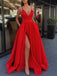 Simple A Line V Neck Red Long Prom Dresses, Formal Evening Dress With Pockets