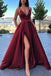 Simple A Line V Neck Red Long Prom Dresses, Formal Evening Dress With Pockets
