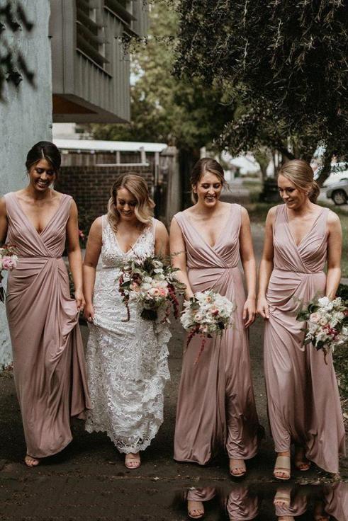 sheath/column v neck simple floor length pink bridesmaid dresses dtb201