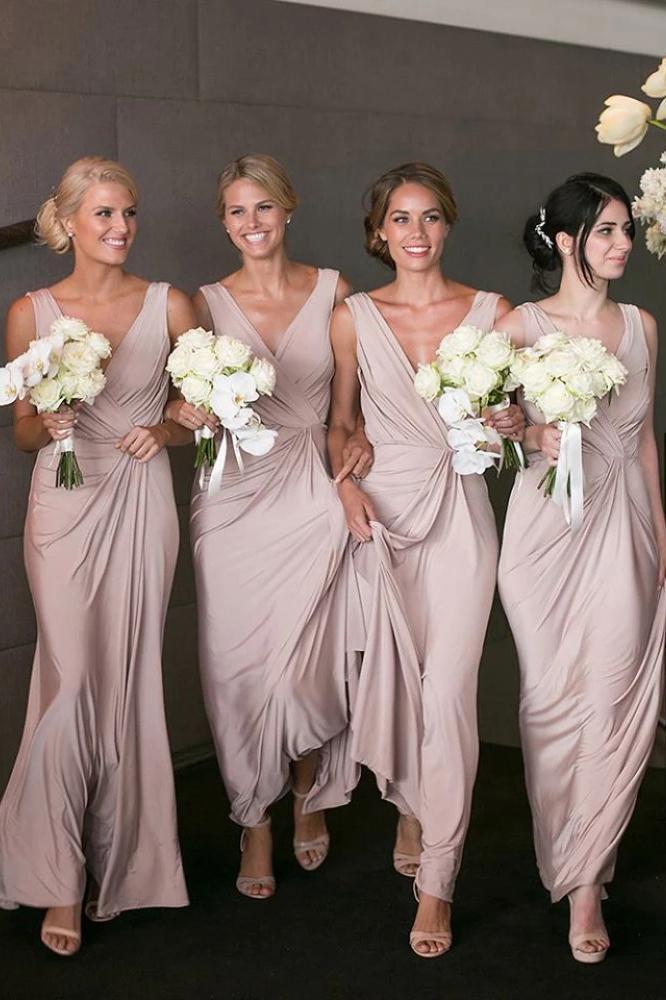 Sheath/Column V Neck Simple Floor Length Pink Bridesmaid Dresses