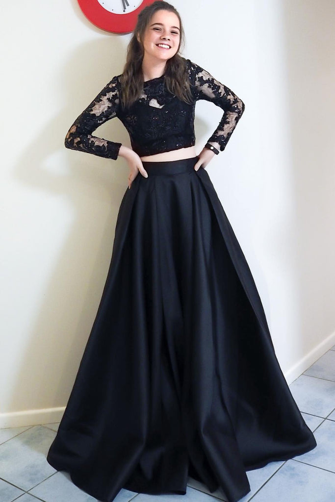 long sleeves formal gowns two piece black long prom dresses dtp922