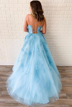Spaghetti-straps Tulle Sky Blue Long Prom Dresses With Appliques