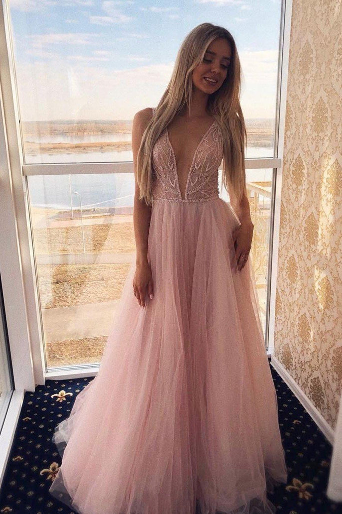 pink a-line plunging neckline tulle prom dress long formal gown dtp550