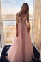 Pink A-line Plunging Neckline Tulle Prom Dress Long Formal Gown