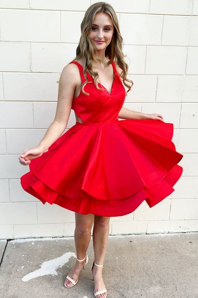 v neck red short prom dress layered red satin simple homecoming dress dth117
