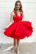 v neck red short prom dress layered red satin simple homecoming dress dth117