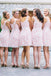 a-line crew pink short lace bridesmaid dresses with belt dtb217