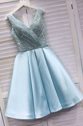 Sparkly New Light Blue Homecoming Dress V-neck Short Prom Dress