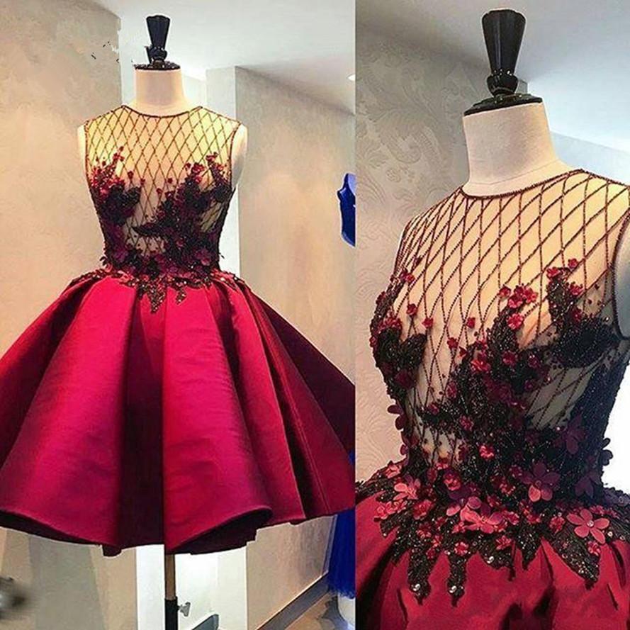 See-Through Red Homecoming Dress Satin Short Party Dress With Beading
