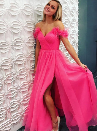 Off-Shoulder Tulle Fuchsia Prom Dresses with Split, Long Formal Dresses