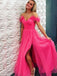 Off-Shoulder Tulle Fuchsia Prom Dresses with Split, Long Formal Dresses