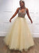 A-line Tulle Beading V Neck Long Prom Dresses Keyhole Evening Dress