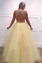 A-line Tulle Beading V Neck Long Prom Dresses Keyhole Evening Dress