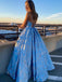 A Line V Neck Spaghetti Blue Prom Dresses with Lace up, Long Formal Gown