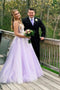A Line V Neck Lilac Long Prom Dresses, Appliques Long Formal Gowns