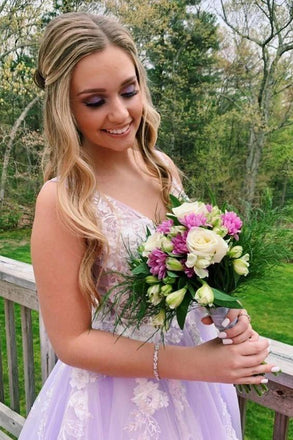 A Line V Neck Lilac Long Prom Dresses, Appliques Long Formal Gowns