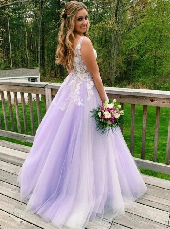 A Line V Neck Lilac Long Prom Dresses, Appliques Long Formal Gowns