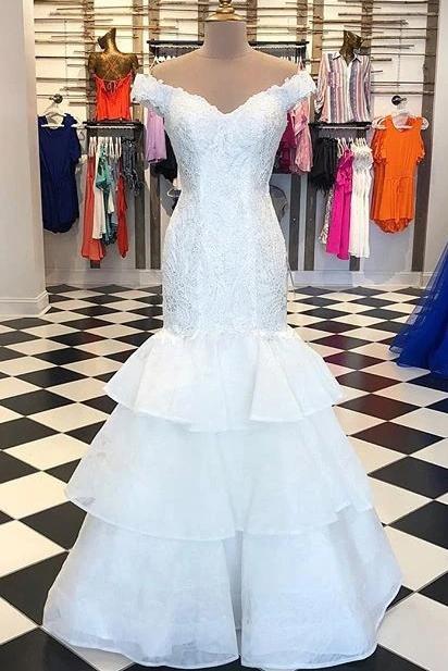 off shoulder lace appliques tiered mermaid wedding bridal dress dtw430