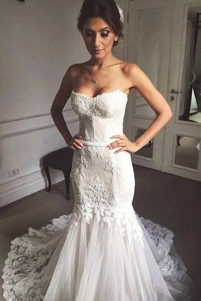 Sweetheart Mermaid Tulle Wedding Dresses Lace Appliques Bridal Gown