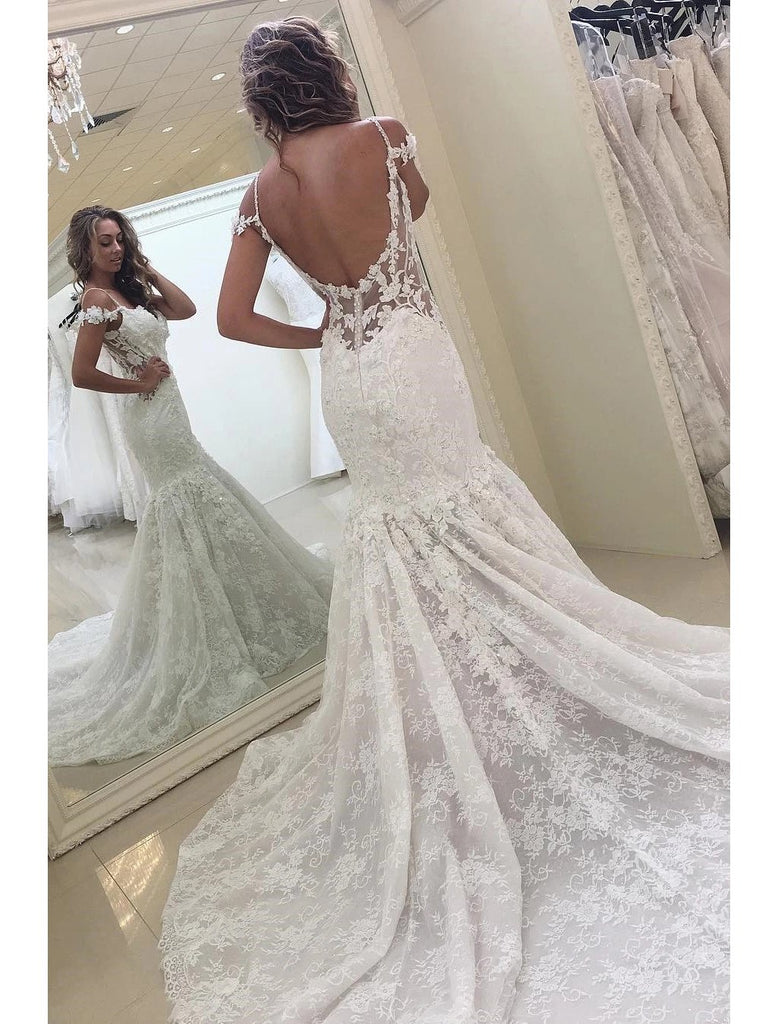 Lace Appliques Backless Wedding Dresses Sleeveless Mermaid Bridal Gown