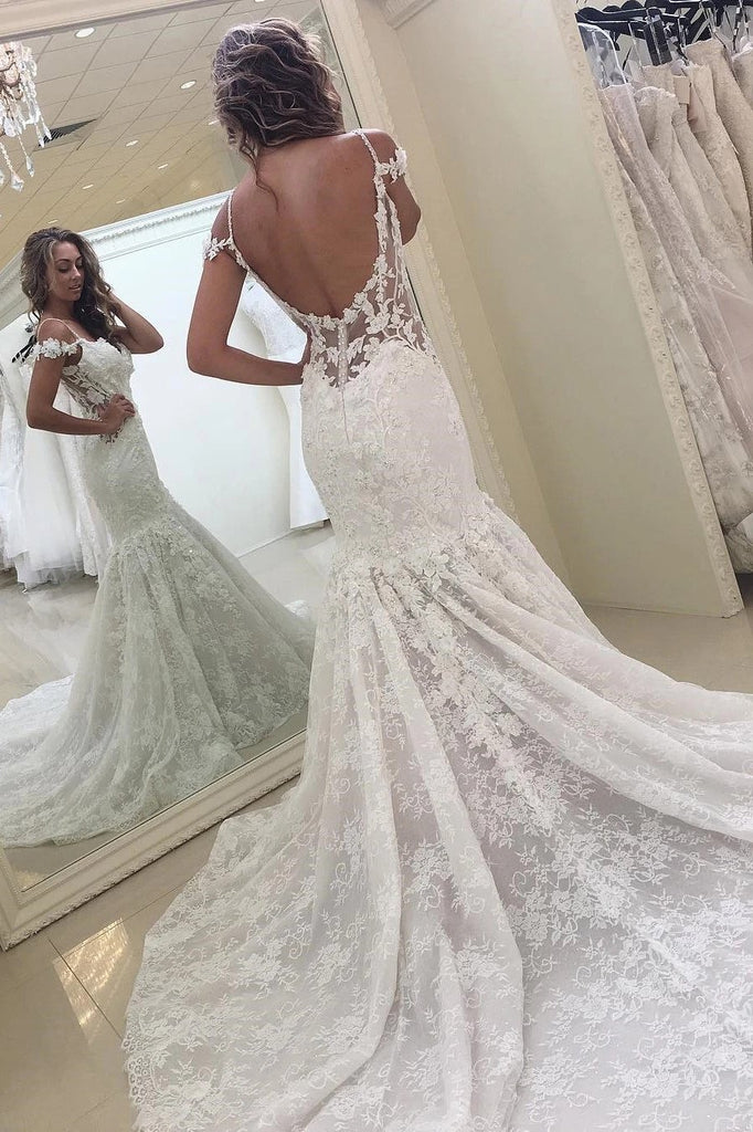 lace appliques backless wedding dresses sleeveless mermaid bridal gown dtp420