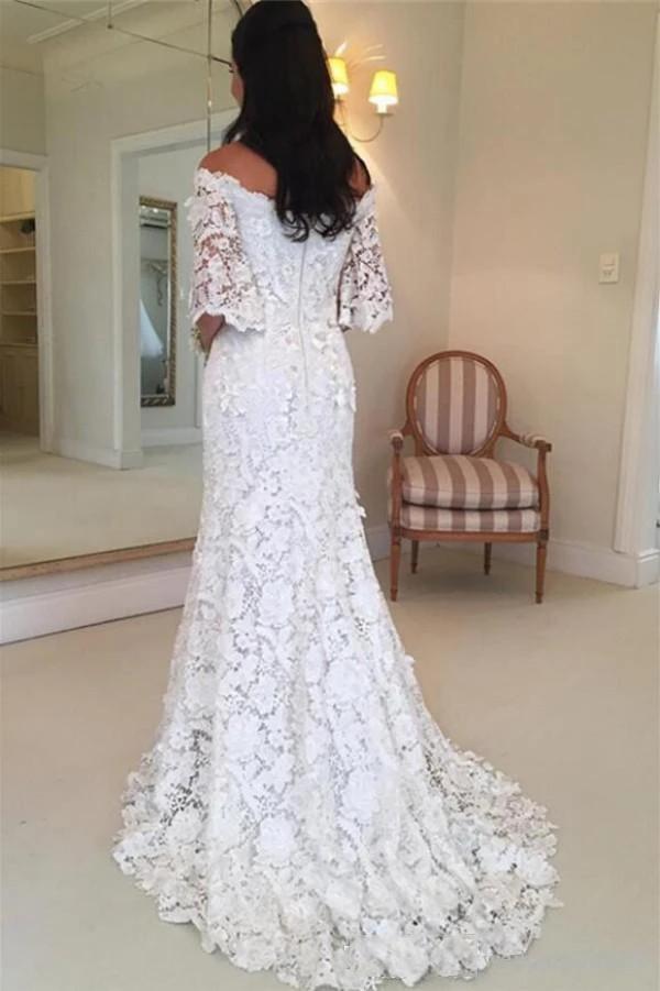half sleeve lace wedding dresses off shoulder mermaid bridal gown dtp421