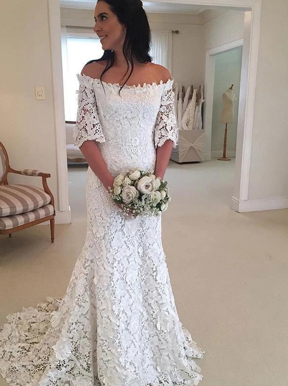 Half Sleeve Lace Wedding Dresses Off Shoulder Mermaid Bridal Gown