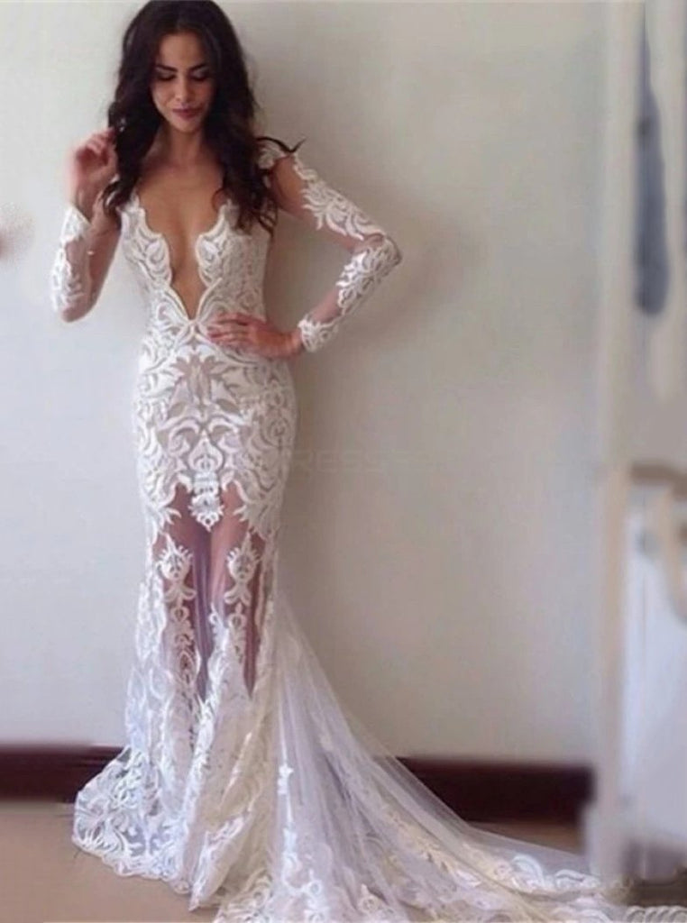 sexy v neck lace appliques wedding dresses long sleeve mermaid gown dtp419