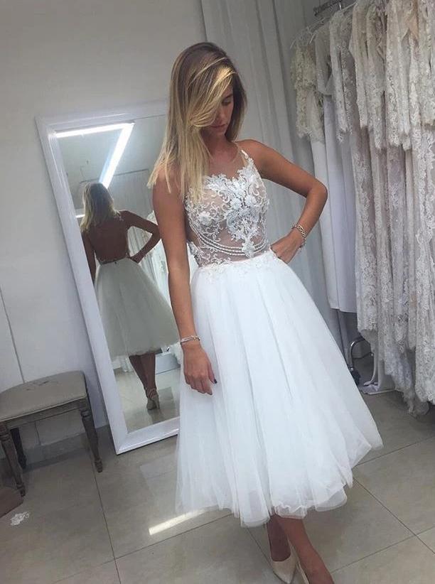 a-line short backless wedding dresses lace applique short bridal gown dtp416