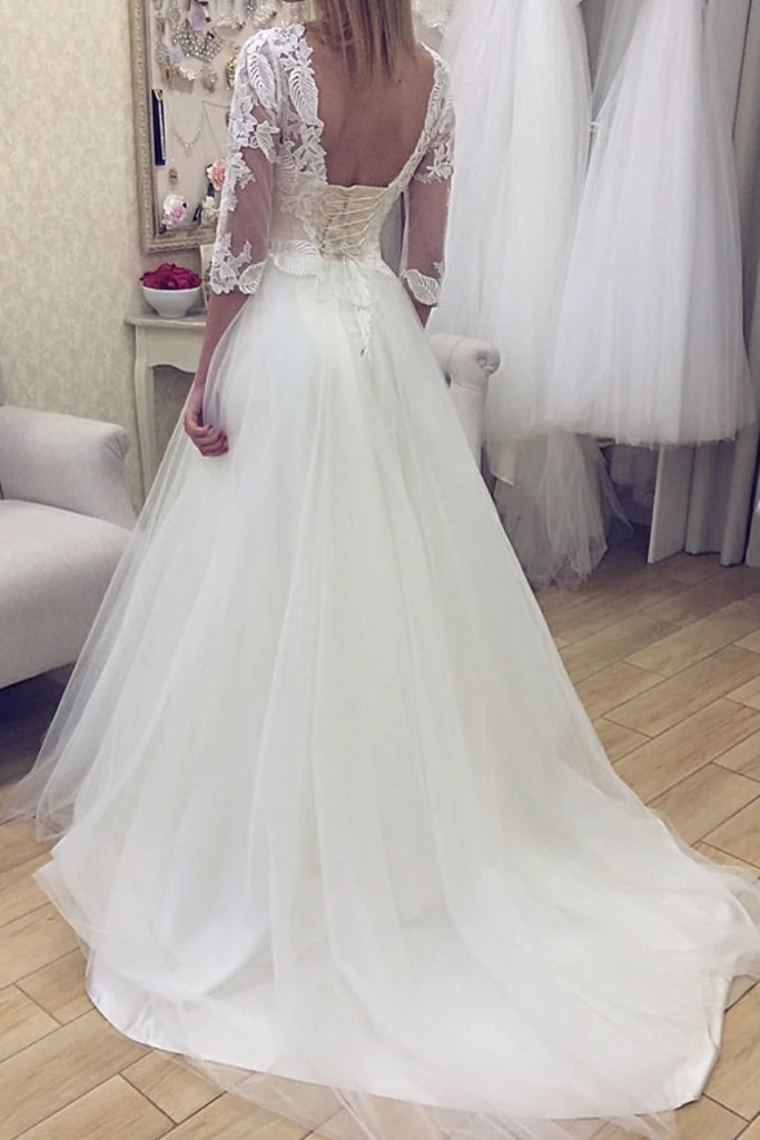 a-line v neck lace appliques 3/4 sleeves tulle wedding dresses dtw412