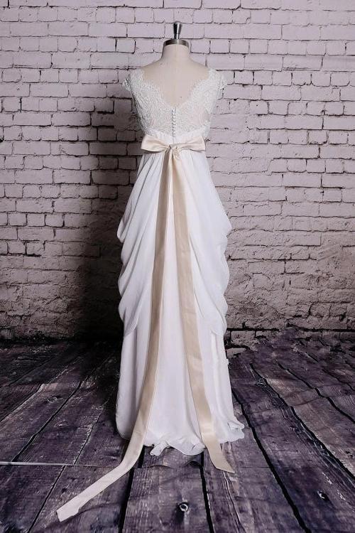 princess v neck cap sleeve lace chiffon wedding dresses with ribbons dtp413