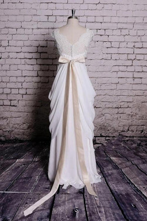princess v neck cap sleeve lace chiffon wedding dresses with ribbons dtp413