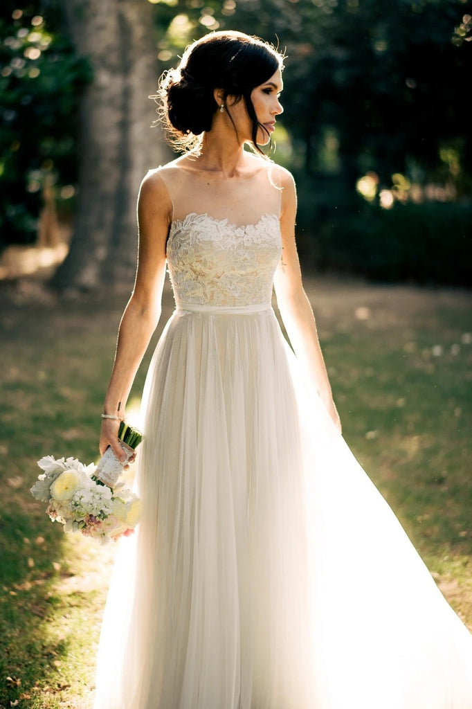 simple sheer neckline lace applique long beach wedding dresses dtw411