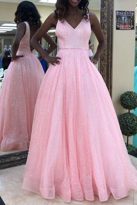 pink sleeveless prom dresses sparkle v-neck long formal gown dtp53