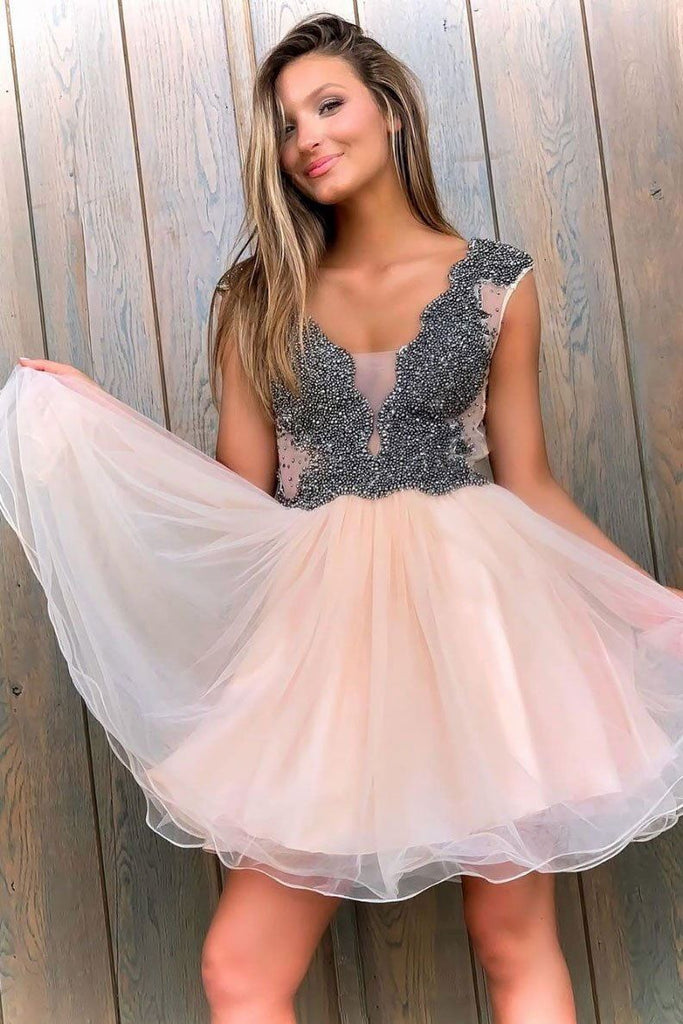 cute homecoming dress a-line v-neck short prom dress with beading dth127