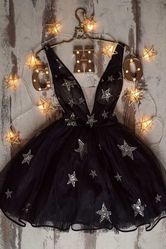stars homecoming dress sweet black v-neck tulle short prom dress dth138
