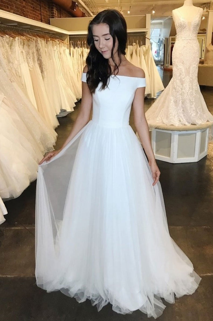 off shoulder simple long prom dress white tulle formal dress dtp119