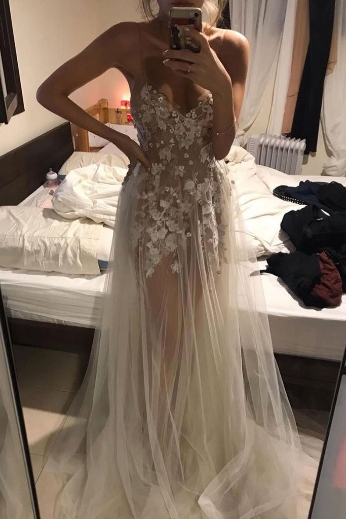 sexy formal gown see-through lace appliques tulle long prom dress dtp1188