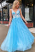 blue v-neck lace appliques tulle long prom dress with open back dtp120