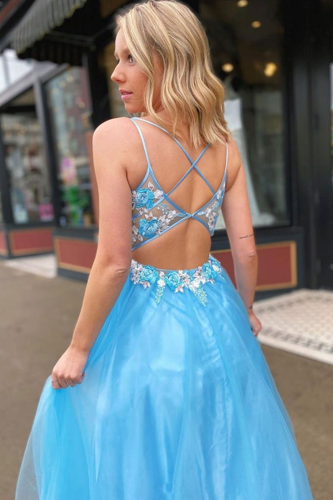 blue v-neck lace appliques tulle long prom dress with open back dtp120