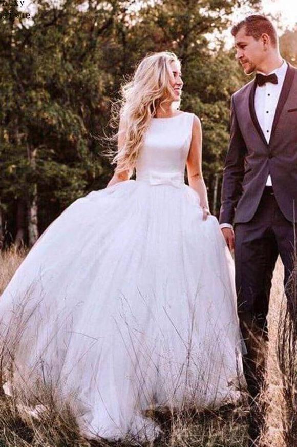 elegant round neck v-back tulle ivory wedding dresses with bowknot dtp399