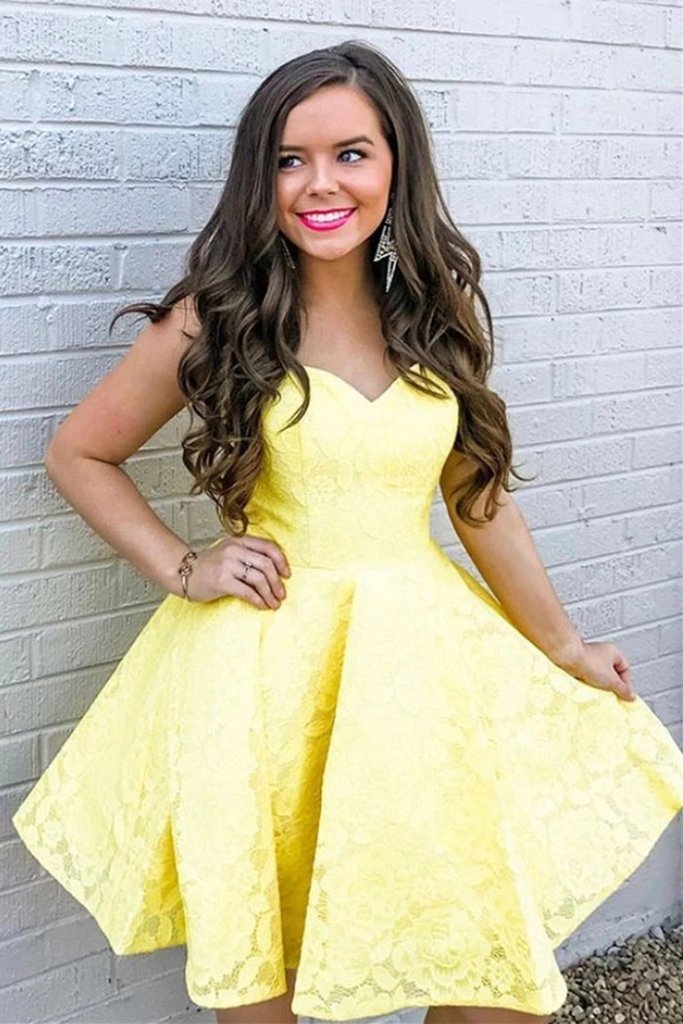 lace short prom graduation dress sweetheart yellow lace homecoming dress dth118