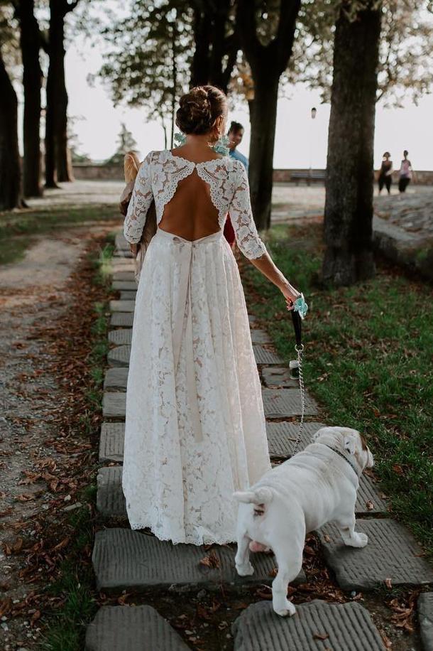 keyhole beach wedding dress 3/4 sleeves bohemian lace wedding dress dtw395