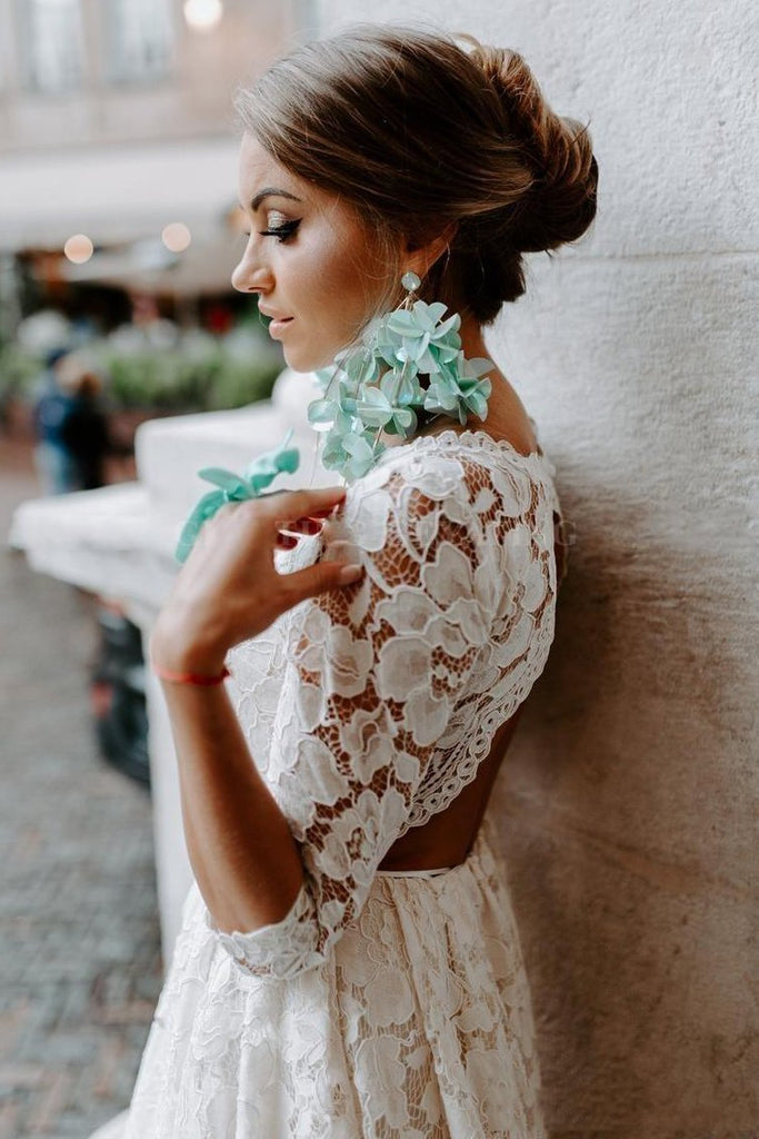 3/4 Sleeves Bohemian Lace Wedding Dress, Keyhole Beach Wedding Dress