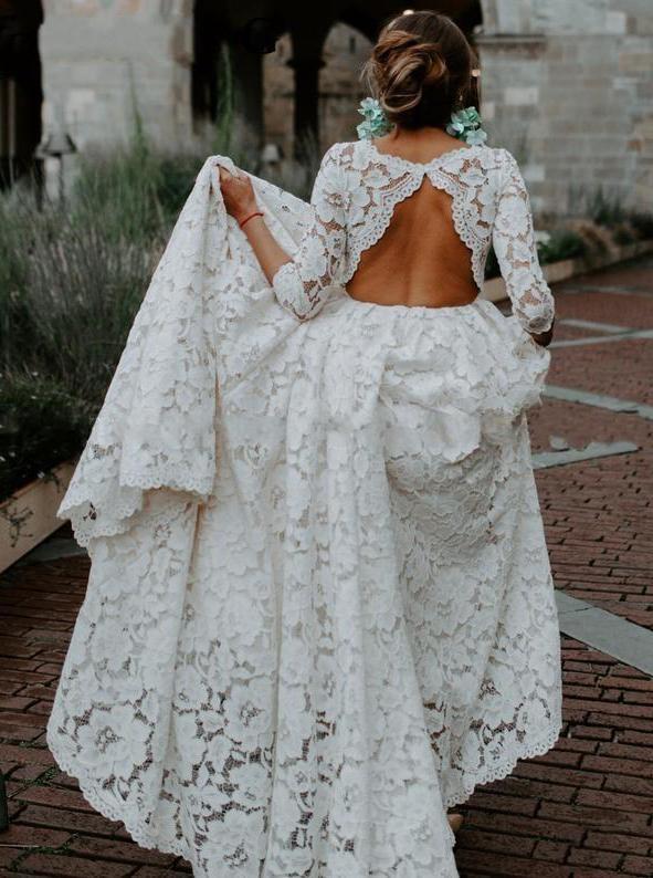 3/4 Sleeves Bohemian Lace Wedding Dress, Keyhole Beach Wedding Dress