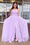 Spaghetti Straps Tulle Lilac Prom Dress, Backless Formal Evening Dress With Lace
