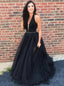 Black Plunging Neckline Tulle Long Prom Dresses With Beading