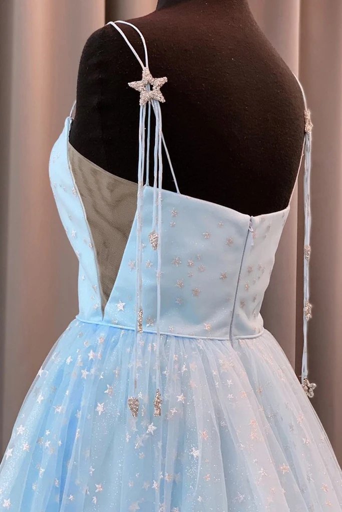 Charming A Line Spaghetti Straps Tulle Starry Night Long Prom Dresses